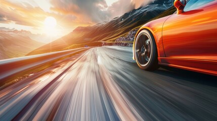 Speed and Performance Concept with Sports Car on Mountain Road at Sunrise for Print or Poster Design