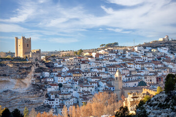 Obraz premium Generic view of the pretty town of Alcala de Jucar in Albacete, Castilla la Mancha, Spain, with evening light