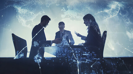 Diverse Young Business Team Discussing Strategy in Office with Digital Network and Global Map Overlay, Collaborative Meeting Using Tablet for Corporate Marketing Vision Development, High-Quality Techn