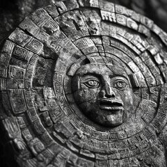 Naklejka premium Close-up of ancient stone carving depicting a face within a circular design, showing intricate details and weathering.