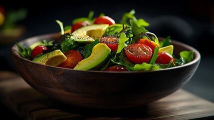 A bowl of salad with avocado, tomatoes, and greens. generated using AI