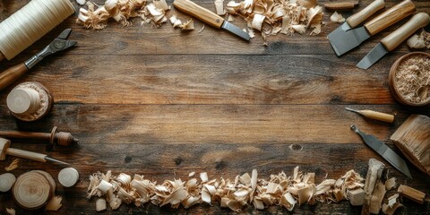 Carpentry tools on rustic wooden table top view. Handmade woodworking carving instruments. Carpentry workshop desk background