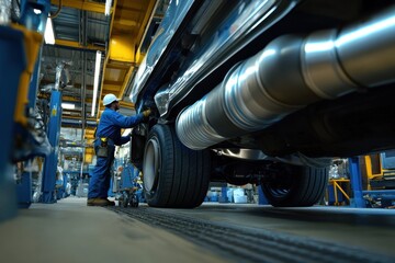 Fototapeta premium Worker repairing vehicle in an assembly line at a manufacturing facility with focus on equipment and tires
