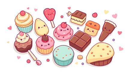 A cartoonish drawing of a variety of desserts, including cupcakes, cakes