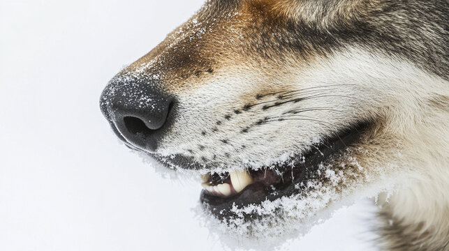 A close view of a wolf&acirc;s muzzle, highlighting its teeth and textured fur against a snowy background.