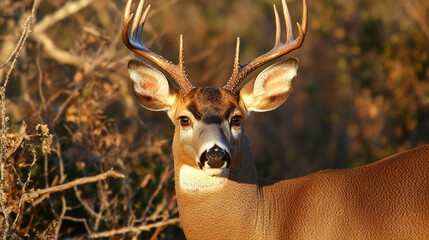 Naklejka premium A close view of a deerâs antlers and gentle eyes, with soft light illuminating its fur.