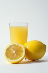 Freshly squeezed lemon juice in a glass on a crisp white background.