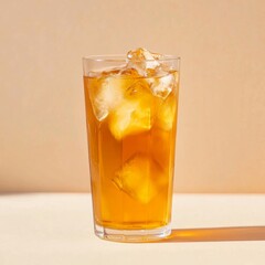 A glass of iced tea with ice cubes in it. The glass is half full and the ice cubes are scattered throughout the drink. Concept of refreshment and relaxation
