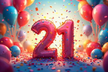 21st birthday card. Large, colorful number 21 prominently displayed against a backdrop of balloons and confetti, suggesting a celebration or milestone event.