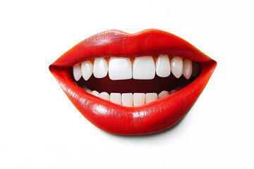 Close up red lips smiling mouth collage element isolated on white background