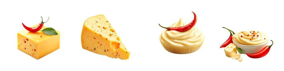 Spicy Cheese and Cream Variations with Red Chili Peppers Isolated on Transparent Background