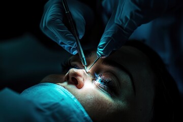 Detailed eye surgery procedure performed on a patient under clinical conditions in a dimly lit operating room