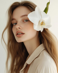 Naklejka premium Aesthetic Model Photo, Portrait of a Beautiful Woman with Flower in Magazine Cover Style