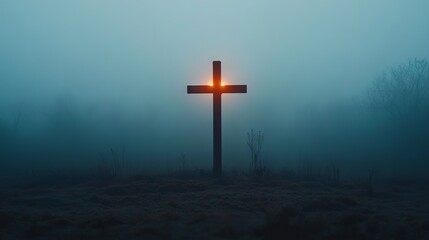Naklejka premium A solitary cross glows softly in a foggy landscape, creating a serene and mysterious atmosphere at dawn.