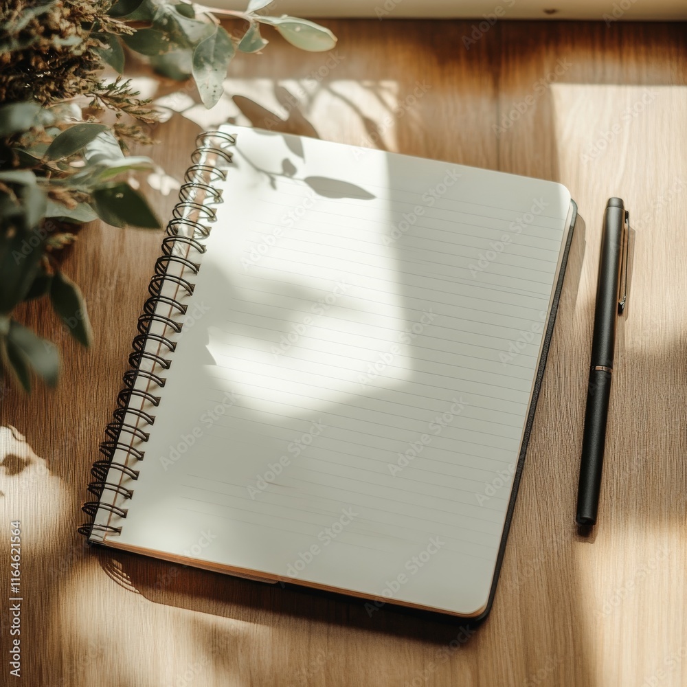 Wall mural a black pen sits on a wooden table next to a spiral bound notebook. the notebook is open to a blank 