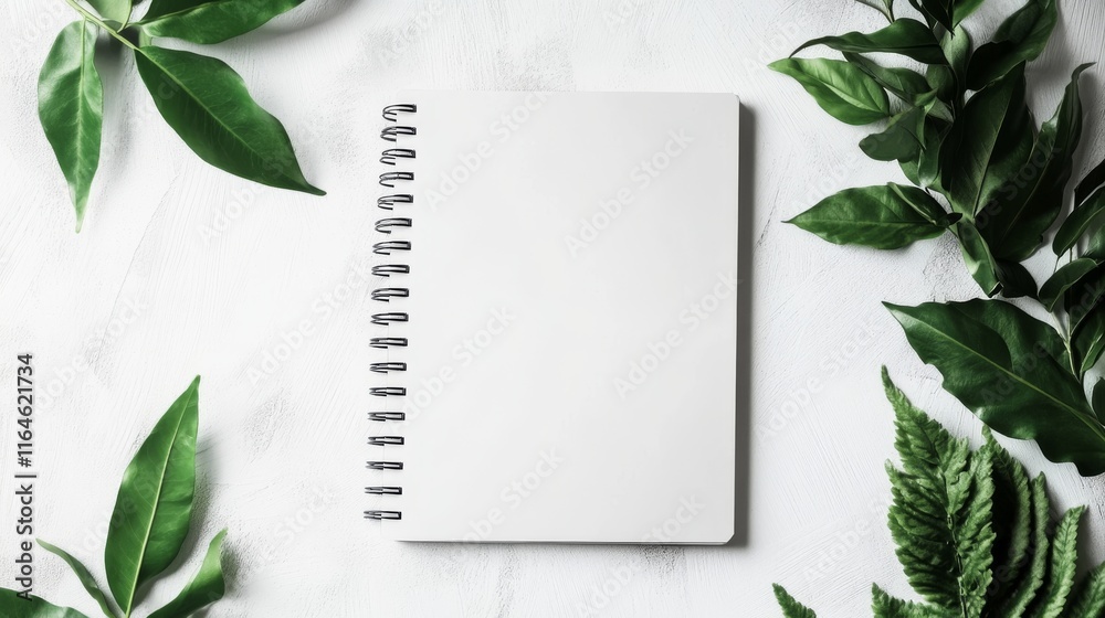 Wall mural a spiral notebook sits on a white background with green leaves surrounding it. the notebook is empty