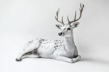 A serene white deer with antlers lying on a plain white background, showcasing elegance and tranquility in a minimalist setting.