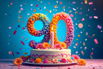 90th birthday card. Large, colorful birthday cake with the number 90 on it, surrounded by confetti and placed on a table.