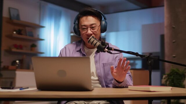 Experienced Professional Podcaster equipped with a Microphone in a Modern Studio Environment