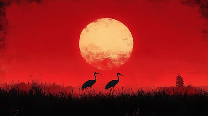 Two Cranes Silhouetted Against a Red Sunset