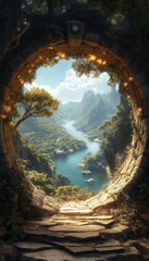 A majestic stone arched portal covered in glowing _011