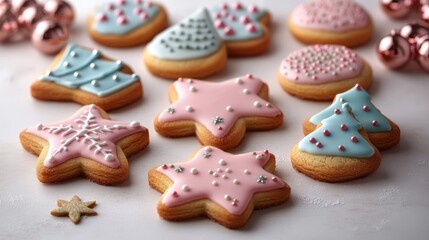 Assorted Christmas sugar cookies with pastel icing and sprinkles.