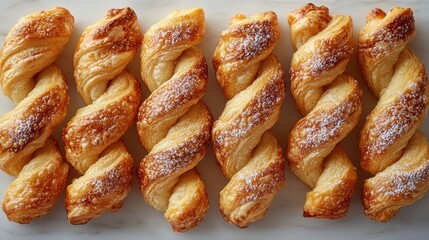 Six golden-brown, twisted pastries dusted with sugar, arranged on a marble surface.