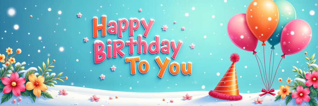 Holiday illustration. Colorful birthday greeting card with the text Happy Birthday To You and balloons, flowers, and snowflakes as decorations.