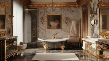 Naklejka premium Luxurious marble bathroom with gold accents, freestanding tub, and large windows.