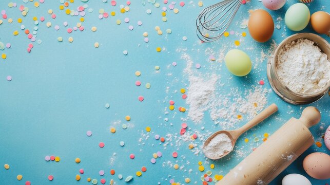 Easter baking background with rolling pin, whisk, eggs, flour and colorful confetti on a blue table background. top view