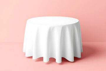 Restaurant round table with white folded tablecloth isolated on light pink background