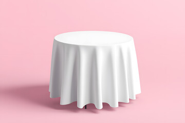 Restaurant round table with white folded tablecloth isolated on light pink background