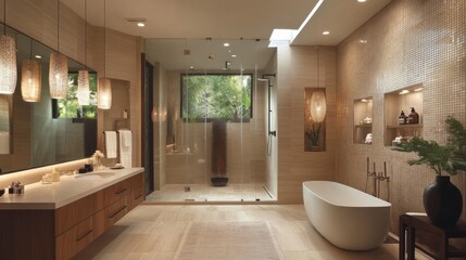 Luxurious modern bathroom with freestanding tub, walk-in shower, and wood vanity.