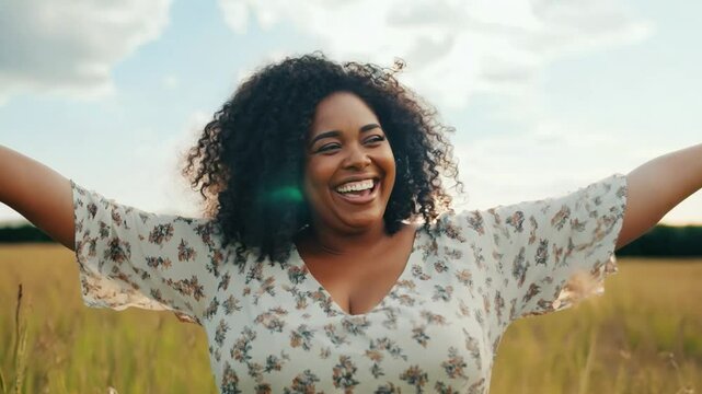 A joyful plus size black woman with curly hair embraces the warmth of the sun in a sprawling field, enjoying the freedom and self acceptance moment