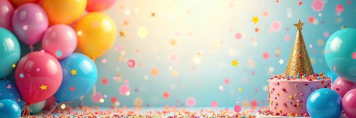Obraz premium Holiday card. Vibrant and colorful celebration scene, featuring a large number of colorful balloons, confetti, and a small cake with a gold star on top.