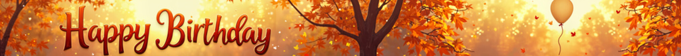 Obraz premium Festive banner. Warm and festive birthday greeting, featuring the text Happy Birthday prominently displayed against a backdrop of autumn leaves and a tree silhouette.