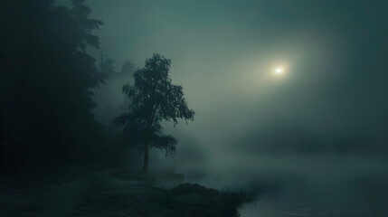 Fototapeta premium Ethereal Foggy Landscape with Guiding Light Emerging Through Mist, Symbolizing Clarity and Direction in Uncertainty