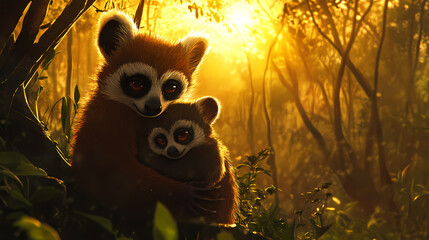 Motherly tenderness in madagascar's dawnlit forest sanctuary. Dawnlit. Illustration