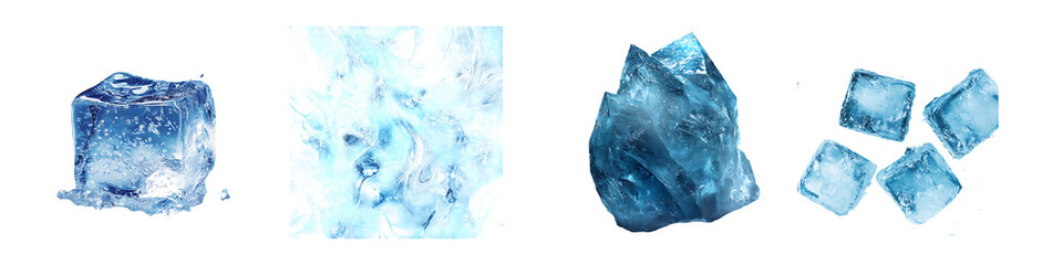 Fototapeta premium Collection of Ice Cubes and Crystalized Ice Isolated on Transparent Background