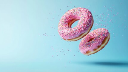Flying pink sprinkled donuts. Sweet doughnut on a pastel blue background. A delightful celebration of delicious desserts.