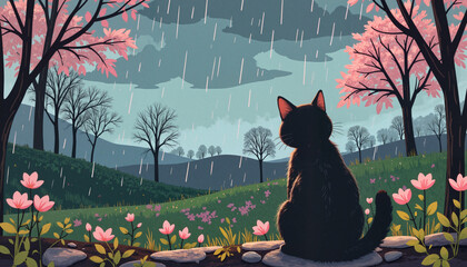 Cat watching rain in garden under March sky, peaceful contemplation