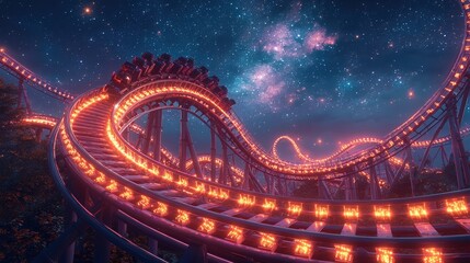 Obraz premium Futuristic roller coaster with glowing tracks under a starry night sky