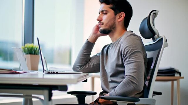Office syndrome business man a middle-aged brunette in a casual stile working on laptop