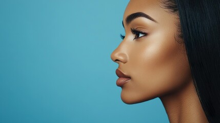 Fototapeta premium Modern Woman With Radiant Glow And Minimalist Style On Vibrant Blue Background