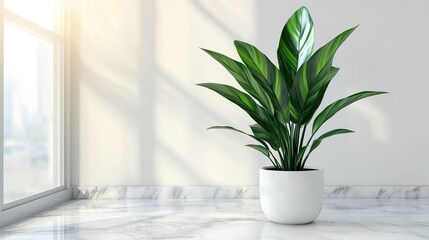 Sunlit Modern Decor Featuring Large Green Plant in White Pot