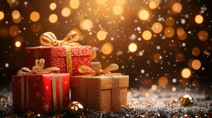 Gift boxes against golden bokeh background. Christmas holiday greeting card, giving a sense of holiday cheer.