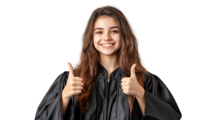 Smiling Graduate Girl Thumbs Up Minimal Transparent Background Black Gown Pose