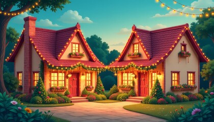 Obraz premium Cozy celebration in a charming neighborhood with illuminated houses and blooming gardens