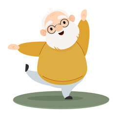 Senior cute cartoon character elderly man doing sports at home
