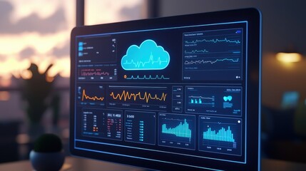 A sleek computer screen displays vibrant data analytics and cloud computing visuals against a sunset backdrop.